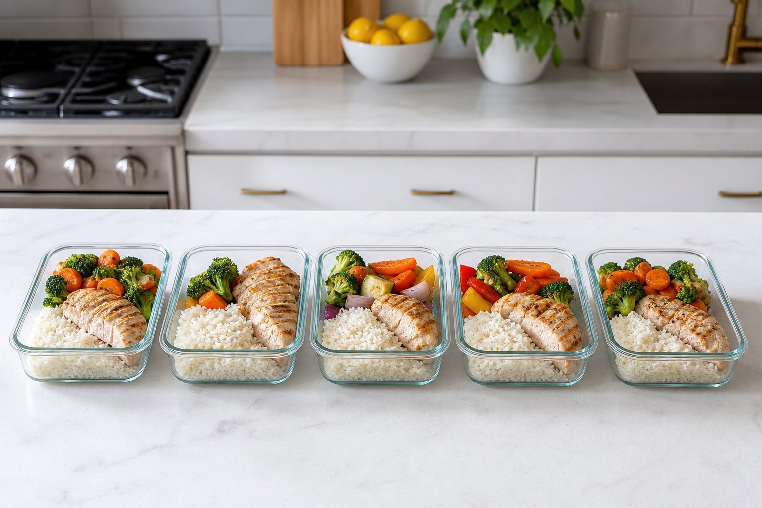 กล่องอาหารสำหรับ meal prep 5 วันวางบนเคาน์เตอร์ครัวในบรรยากาศสว่างสะอาด