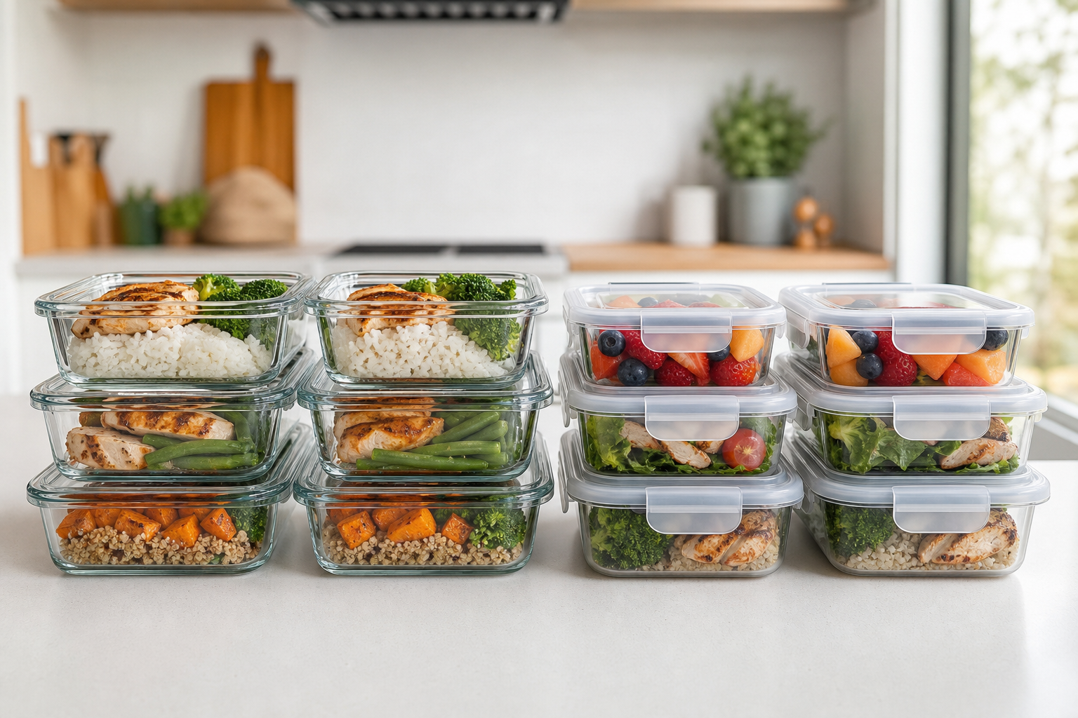 ภาพกล่องอาหารแก้วและกล่องอาหารพลาสติกวางคู่กันพร้อมอาหาร meal prep ในครัวสมัยใหม่