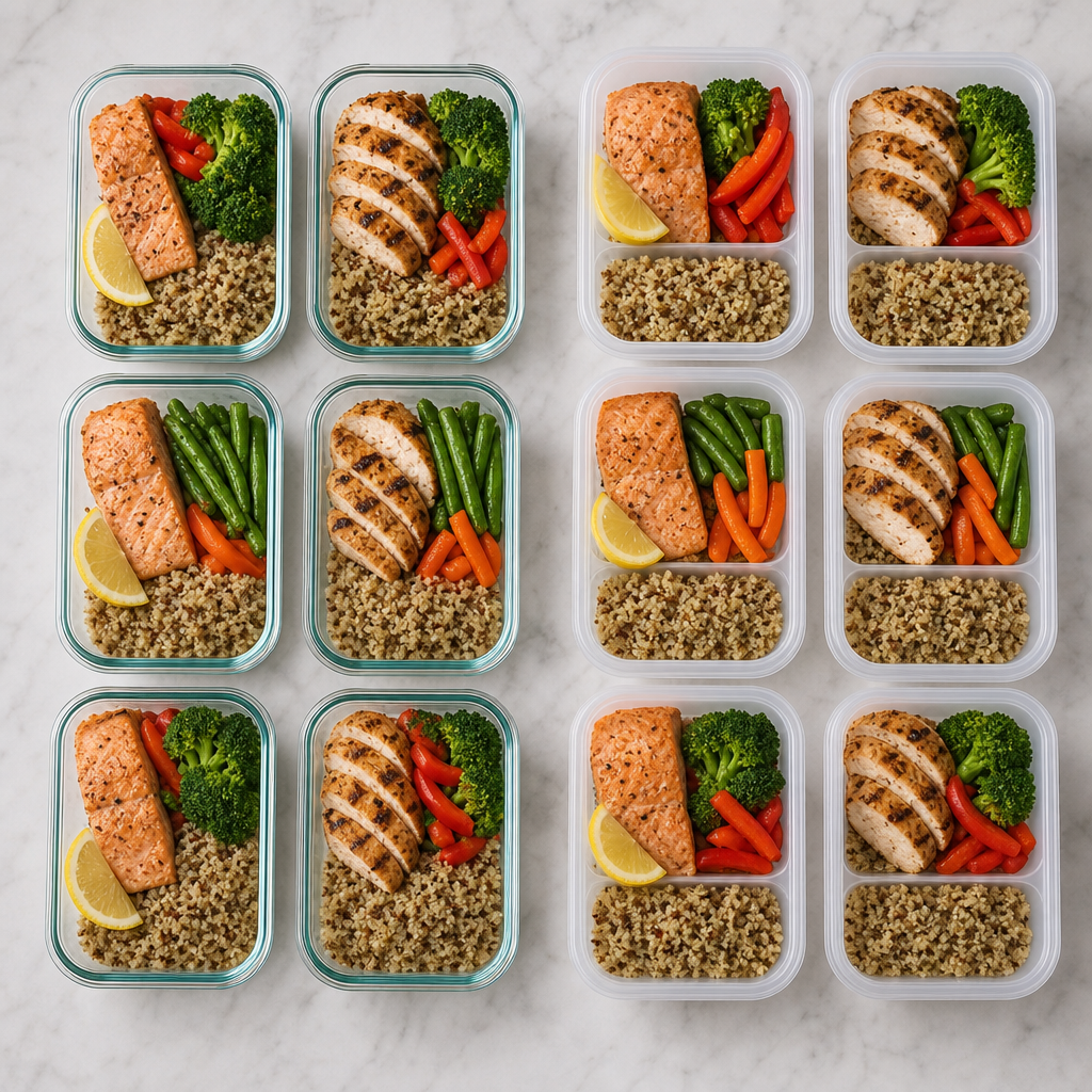 ภาพเปรียบเทียบชุด meal prep ในกล่องแก้วและกล่องพลาสติกจากมุมมองด้านบน