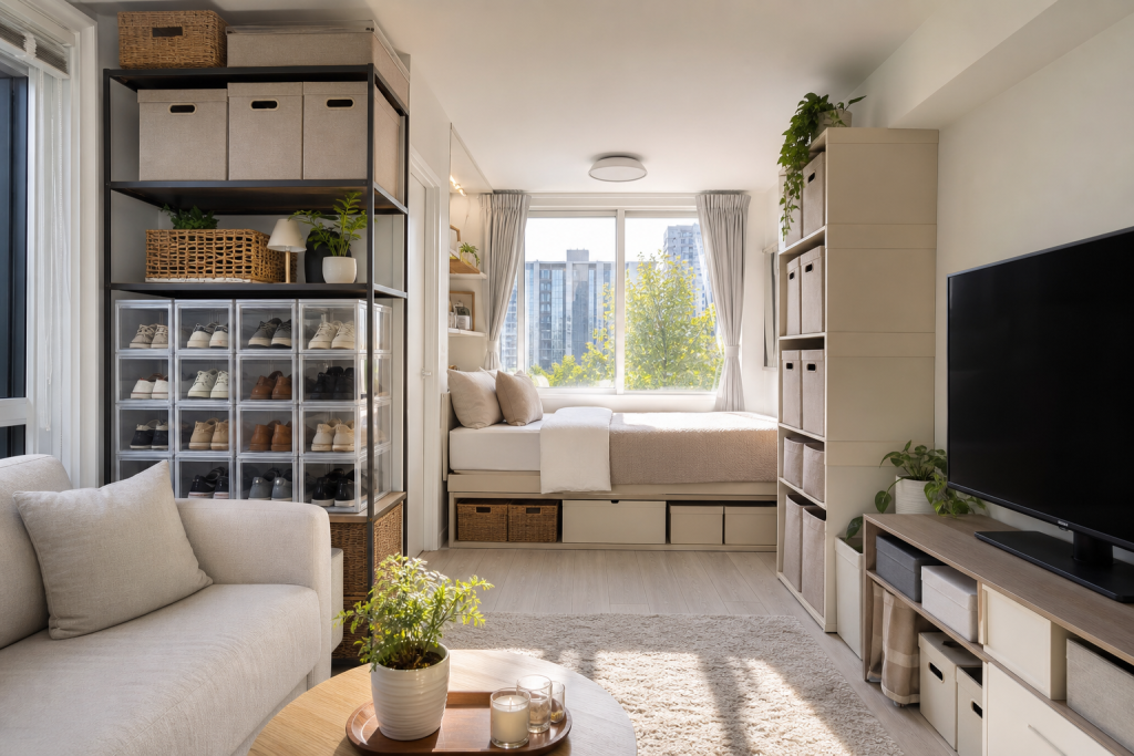 ภาพคอนโดขนาดเล็กที่จัดห้องอย่างเป็นระเบียบด้วยกล่องเก็บของวางซ้อนและตะกร้า ทำให้ห้องดูโปร่งขึ้น